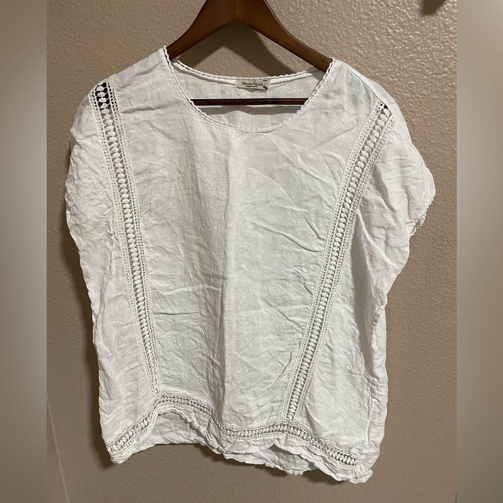 Alessia Pacini Elegant linen White Blouse with Crochet Details